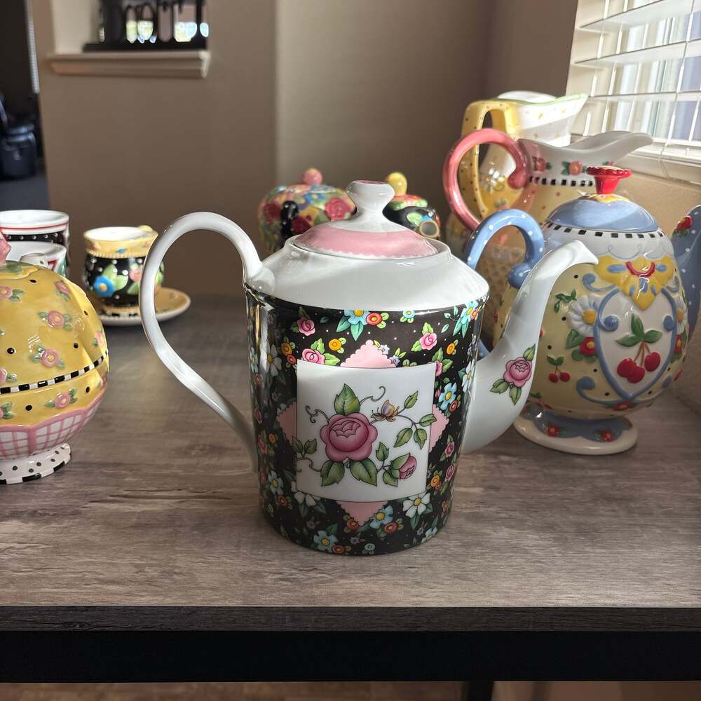 Arita Victoria's Garden Porcelain Teapot with Pink Roses and Black Chintz Patter